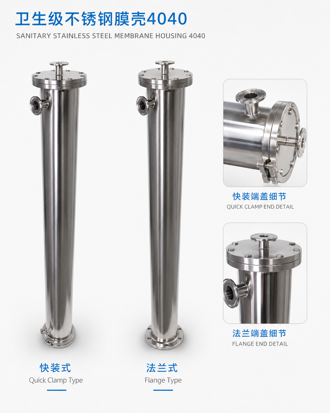 Sanitary-grade stainless steel membrane housing 4040