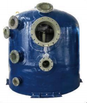 This picture clearly shows a custom FRP (fiberglass reinforced plastic) pressure tank with an irregular shape. Its design fully embodies the characteristics of non-standardized industrial customization. The tank has a full, deep blue cylindrical shape with a smooth surface, demonstrating excellent glass fiber reinforced plastic manufacturing techniques. Its core features of "unusual shape" and "customization" are prominently displayed on the tank's side, where numerous multifunctional interfaces of different specifications are densely distributed: including several flange interfaces with bolts and circular openings. This highly integrated layout is not a standard design but is instead tailored to meet the complex pipeline connections, instrument installations, or internal component access requirements in the customer's specific process. The tank is supported by sturdy black metal brackets to ensure stability. The picture is composed with a professional pure white background and a frontal level view, ensuring that the focus of the vision is entirely on the product itself. The bright blue tank body, in contrast with the white background and black stand, creates a clear and professional visual contrast, conveying an industrial texture of strength, corrosion resistance, and high customization. These pressure tanks are specifically designed for special pressure storage, reaction, or separation processes in fields such as water treatment, chemical engineering, and food. Their value lies in their ability to be perfectly integrated into complex systems and meet non-standard application scenarios.