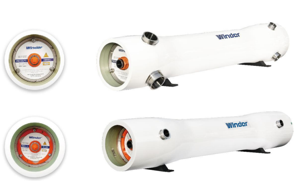 This picture professionally and clearly presents the complete structure and working principle of the 8-inch side-opening reverse osmosis membrane housing of the Hedelong brand, perfectly combining the physical appearance with the description of the core internal structure. The picture adopts a professional layout with left and right sections. On the right side, two white, cylindrical FRP (fiberglass reinforced plastic) membrane shells are displayed in a diagonal arrangement. One of the end caps is clearly marked with the word "Side Port", directly indicating its core interface design for lateral water intake/outlet. On the left side, two enlarged cross-sectional views are provided, respectively revealing the internal structure with side end caps and open ends: the orange central area represents the installation position of the RO membrane element, the white circular flow channel shows the water flow path, and the clear blue arrows intuitively indicate the standard reverse osmosis process where water enters from the side port, circulates around the membrane element, and the purified water is output from the central tube. The pure white background highlights the product itself to the fullest extent. This combination of physical objects and cross-sectional views effectively demonstrates that this membrane shell is the core pressure vessel in the industrial reverse osmosis system. Its side-opening design facilitates the system's piping and integration. The 8-inch large diameter is suitable for high flow requirements, and the precise internal flow channel design ensures uniform water distribution and stable desalination efficiency. The overall picture is intuitive and professional, effectively conveying the core values of reliable product structure, efficient performance, and ease of understanding.
