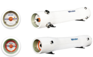 This picture professionally and clearly presents the complete structure and working principle of the 8-inch side-opening reverse osmosis membrane housing of the Hedelong brand, perfectly combining the physical appearance with the description of the core internal structure. The picture adopts a professional layout with left and right sections. On the right side, two white, cylindrical FRP (fiberglass reinforced plastic) membrane shells are displayed in a diagonal arrangement. One of the end caps is clearly marked with the word "Side Port", directly indicating its core interface design for lateral water intake/outlet. On the left side, two enlarged cross-sectional views are provided, respectively revealing the internal structure with side end caps and open ends: the orange central area represents the installation position of the RO membrane element, the white circular flow channel shows the water flow path, and the clear blue arrows intuitively indicate the standard reverse osmosis process where water enters from the side port, circulates around the membrane element, and the purified water is output from the central tube. The pure white background highlights the product itself to the fullest extent. This combination of physical objects and cross-sectional views effectively demonstrates that this membrane shell is the core pressure vessel in the industrial reverse osmosis system. Its side-opening design facilitates the system's piping and integration. The 8-inch large diameter is suitable for high flow requirements, and the precise internal flow channel design ensures uniform water distribution and stable desalination efficiency. The overall picture is intuitive and professional, effectively conveying the core values of reliable product structure, efficient performance, and ease of understanding.