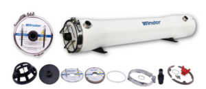 This picture clearly presents the complete component set of the 8-inch offline cleaning dedicated membrane housing (8″ Offline Membrane Cleaning Housing) of the Winder brand, perfectly illustrating its concept of ready-to-use and modular maintenance solutions. The picture adopts a professional top-bottom layout. The upper part shows two of the product's core structural components side by side: on the left is a circular metal end cover with the blue "Winder" logo, and on the right is a white, cylindrical fiberglass shell body with a black interface at one end. The lower part neatly arranges all the necessary accessories, including a black perforated end plate, rubber sealing ring, stainless steel pipe clamp, O-ring, etc., demonstrating complete deliverability and convenient assembly features. "Offline Cleaning" is its most core functional feature. This means it is a dedicated pressure vessel independent of the main RO system, where contaminated membrane elements can be placed for intense and repetitive chemical cleaning. This enables a more thorough removal of dirt and restoration of membrane performance compared to online cleaning. The pure white background and clear display style highlight the industrial-grade quality and precise manufacturing details of the product. The Winder brand logo is clear and eye-catching, emphasizing the professional origin of the product. In general, this set of membrane shell components is a crucial professional maintenance tool in the operation of large reverse osmosis systems. Through an efficient offline cleaning process, it can significantly extend the lifespan of membrane elements and reduce the long-term operating costs of the system. It is a reliable and efficient deep maintenance solution for ensuring the stable and efficient operation of water treatment systems.
