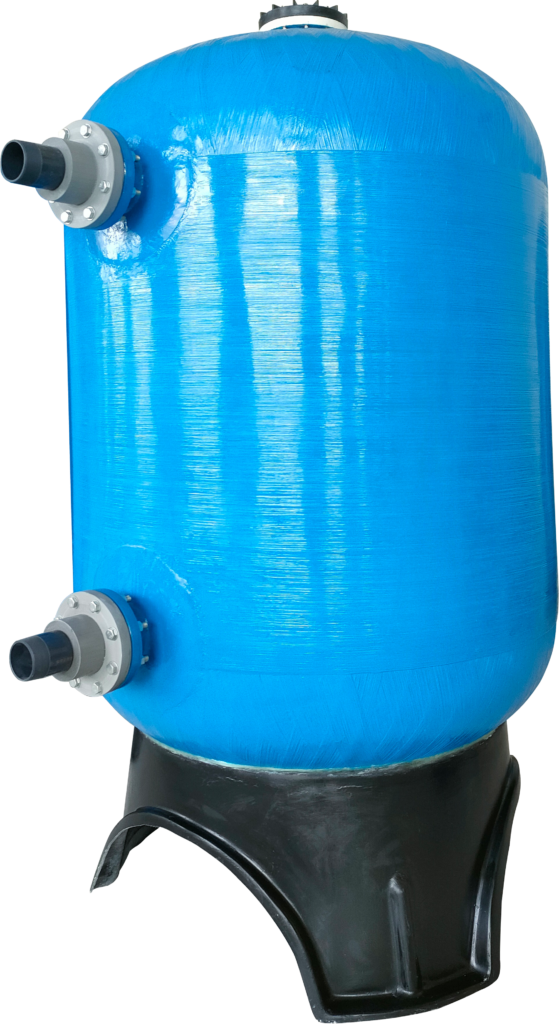 This picture showcases a typical product from the "FRP (fiberglass reinforced plastic) custom-shaped pressure tank" series. The main body of the product is a vertical cylindrical pressure tank. The tank body is made of bright blue fiberglass reinforced plastic, with fine fiber textures visible on the surface, highlighting the composite manufacturing process and high strength, corrosion resistance of the material. Its "special shape" is particularly evident in the uniquely styled black base - this base features a smooth and curved supporting structure, providing stable support while giving the overall design a distinct modern industrial aesthetic. At the top and bottom of the tank body, there is a standard flange interface each, used for connecting the pipeline system, reflecting its core function as a pressure vessel. The picture is presented on a pure white background, with a centered and simple composition, concentrating the visual focus entirely on the product itself. The bright blue tank body and the black curved base create a strong contrast in color and form, conveying a visual impression of a stable structure, a design that combines functionality and recognizability, and professional manufacturing techniques. These custom pressure tanks are specifically designed for pressure storage, reactions, or filtration processes in industries such as water treatment, chemical engineering, food and beverage. The special shape of the base might also stem from customized requirements for installation space, equipment connection, or the overall production line layout.
