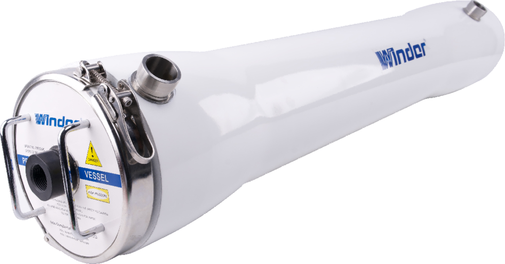 This picture clearly shows the 8-inch offline cleaning dedicated membrane housing of the Winder brand, fully presenting its core design as a professional maintenance tool. The product is a white, cylindrical fiberglass pressure vessel. The shell is marked with a prominent blue "Winder" brand logo and the "VESSEL" model name. "Offline Cleaning" is its core functional positioning, meaning it is independent of the main reverse osmosis system and is specifically used for performing powerful and thorough chemical agent circulation cleaning on contaminated membrane elements to restore their performance. The metal end cover interfaces at both ends of the picture and the warning signs on the side jointly emphasize its high-pressure resistance, corrosion resistance structural characteristics, as well as the standardized and safe operation requirements. The pure white background and clear composition fully focus the attention on the industrial-grade simple appearance and precise interface details of the product. Overall, this Winder VESSEL membrane shell is a key equipment in the operation of large reverse osmosis/nanofiltration systems. Its dedicated offline cleaning function can achieve more thorough dirt removal than online cleaning, thereby significantly extending the service life of the membrane elements, reducing system operation costs, ensuring stable water production, and is a reliable and efficient solution for deep maintenance in water treatment.