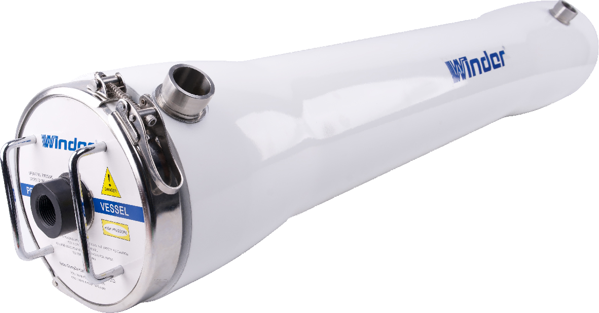 This picture clearly shows the 8-inch offline cleaning dedicated membrane housing of the Winder brand, fully presenting its core design as a professional maintenance tool. The product is a white, cylindrical fiberglass pressure vessel. The shell is marked with a prominent blue "Winder" brand logo and the "VESSEL" model name. "Offline Cleaning" is its core functional positioning, meaning it is independent of the main reverse osmosis system and is specifically used for performing powerful and thorough chemical agent circulation cleaning on contaminated membrane elements to restore their performance. The metal end cover interfaces at both ends of the picture and the warning signs on the side jointly emphasize its high-pressure resistance, corrosion resistance structural characteristics, as well as the standardized and safe operation requirements. The pure white background and clear composition fully focus the attention on the industrial-grade simple appearance and precise interface details of the product. Overall, this Winder VESSEL membrane shell is a key equipment in the operation of large reverse osmosis/nanofiltration systems. Its dedicated offline cleaning function can achieve more thorough dirt removal than online cleaning, thereby significantly extending the service life of the membrane elements, reducing system operation costs, ensuring stable water production, and is a reliable and efficient solution for deep maintenance in water treatment.