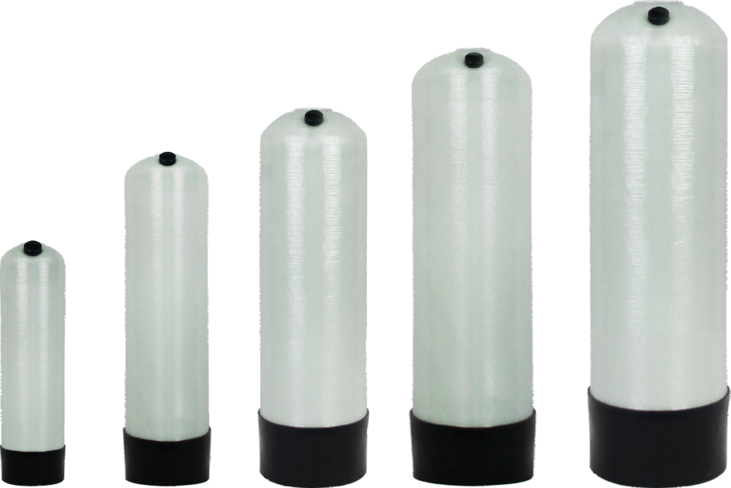 This picture vividly demonstrates the standardized and modular design of the "Top Opening FRP Composite Tank Series" products. The five cylindrical tanks are arranged from left to right in decreasing size, forming a clear specification sequence, which intuitively reflects the capacity selection range of this series of products. All the tanks are made of translucent light-colored fiberglass-reinforced plastic (FRP) material, highlighting the material's lightweight, high strength, and corrosion resistance. The black edges at the top and bottom of the tanks (probably for reinforcement or sealing structures) form a simple visual contrast with the tank body. The opening design on the tank top is its core functional feature, facilitating material feeding, cleaning, or internal maintenance. The picture uses a pure white background and a neat vertical arrangement, with a clean and concise composition, without any text interference. It professionally highlights the unified structure, complete specifications, and strong practicality of this series of products, which are suitable for various water treatment or industrial scenarios requiring corrosion resistance storage or chemical reactions.