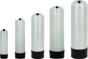 This picture vividly demonstrates the standardized and modular design of the "Top Opening FRP Composite Tank Series" products. The five cylindrical tanks are arranged from left to right in decreasing size, forming a clear specification sequence, which intuitively reflects the capacity selection range of this series of products. All the tanks are made of translucent light-colored fiberglass-reinforced plastic (FRP) material, highlighting the material's lightweight, high strength, and corrosion resistance. The black edges at the top and bottom of the tanks (probably for reinforcement or sealing structures) form a simple visual contrast with the tank body. The opening design on the tank top is its core functional feature, facilitating material feeding, cleaning, or internal maintenance. The picture uses a pure white background and a neat vertical arrangement, with a clean and concise composition, without any text interference. It professionally highlights the unified structure, complete specifications, and strong practicality of this series of products, which are suitable for various water treatment or industrial scenarios requiring corrosion resistance storage or chemical reactions.