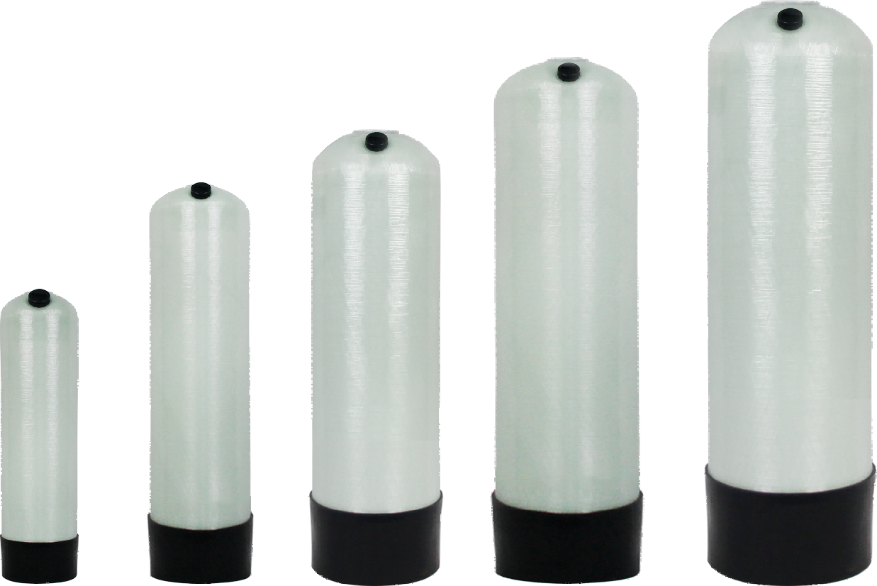 This picture vividly demonstrates the standardized and modular design of the "Top Opening FRP Composite Tank Series" products. The five cylindrical tanks are arranged from left to right in decreasing size, forming a clear specification sequence, which intuitively reflects the capacity selection range of this series of products. All the tanks are made of translucent light-colored fiberglass-reinforced plastic (FRP) material, highlighting the material's lightweight, high strength, and corrosion resistance. The black edges at the top and bottom of the tanks (probably for reinforcement or sealing structures) form a simple visual contrast with the tank body. The opening design on the tank top is its core functional feature, facilitating material feeding, cleaning, or internal maintenance. The picture uses a pure white background and a neat vertical arrangement, with a clean and concise composition, without any text interference. It professionally highlights the unified structure, complete specifications, and strong practicality of this series of products, which are suitable for various water treatment or industrial scenarios requiring corrosion resistance storage or chemical reactions.