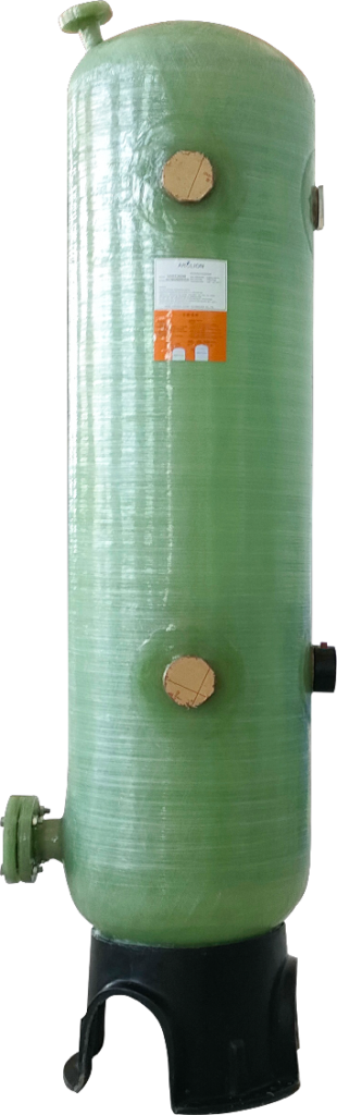 This picture clearly shows a mixed bed ion exchange column used in an industrial water treatment system. The main body of the equipment is a tall, light green cylinder, and the fine fibrous texture on its surface indicates that it is made of corrosion-resistant fiberglass-reinforced plastic (FRP) composite material. The column structure is professional, with a small opening at the top, brown metal flanges distributed vertically and horizontally on the sides for pipe connections, and a black base with a transportation gap at the bottom. The most prominent feature is the white label attached to the cylinder, which clearly prints the word "mixed bed", directly indicating its core function of mixing and filling anion and cation exchange resins to deeply remove all ions and produce ultra-pure water. Against a transparent background, the overall design is simple and industrial, visually presenting its crucial role in water treatment processes in the electronics and pharmaceutical industries.