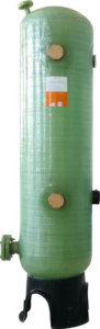 This picture clearly shows a mixed bed ion exchange column used in an industrial water treatment system. The main body of the equipment is a tall, light green cylinder, and the fine fibrous texture on its surface indicates that it is made of corrosion-resistant fiberglass-reinforced plastic (FRP) composite material. The column structure is professional, with a small opening at the top, brown metal flanges distributed vertically and horizontally on the sides for pipe connections, and a black base with a transportation gap at the bottom. The most prominent feature is the white label attached to the cylinder, which clearly prints the word "mixed bed", directly indicating its core function of mixing and filling anion and cation exchange resins to deeply remove all ions and produce ultra-pure water. Against a transparent background, the overall design is simple and industrial, visually presenting its crucial role in water treatment processes in the electronics and pharmaceutical industries.