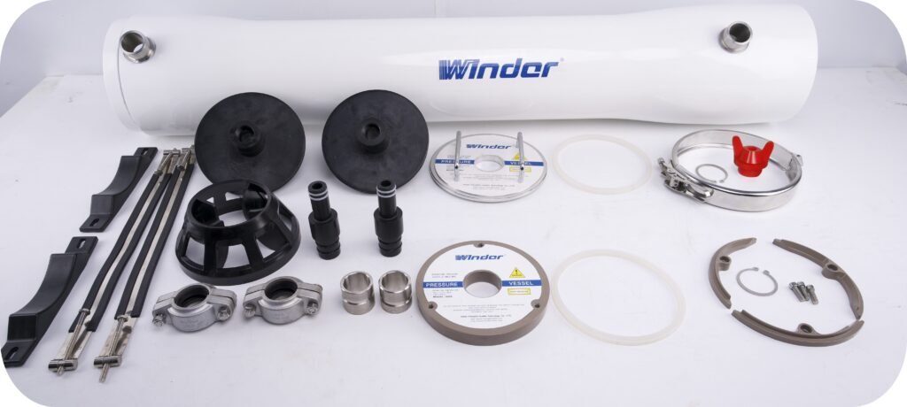 This picture professionally showcases the complete component set of the 8-inch offline cleaning dedicated membrane housing of the Winder brand, vividly demonstrating its professional, efficient, and ready-to-use offline cleaning solution. The core product is a large, white, cylindrical fiberglass reinforced plastic (FRP) membrane shell. The shell is marked with a prominent blue "Winder" brand logo and the "FK-612" model. "Offline Membrane Cleaning Dedicated" is its most crucial feature, indicating that it is not used in the main production system but as an independent cleaning station. It can receive contaminated RO membrane elements removed from the main system and perform a powerful and thorough chemical cleaning to restore the membrane performance. The highlight of the picture lies in the clear display of all necessary components in front of the membrane housing: including the black end cap, sealing ring, pipe clamp, silver metal connector and central tube. This component-based presentation powerfully demonstrates that this product is a complete, ready-to-use cleaning kit. Users do not need to search for additional components and can quickly set up a standard offline cleaning station. The pure white background and the orderly arrangement highlight the industrial-grade quality and modular design of the product. The overall message conveyed is: This Winder FK-612 offline cleaning membrane housing is a professional tool in water treatment maintenance. Through a dedicated offline cleaning process, it can achieve better cleaning results than online cleaning, thereby extending the lifespan of membrane elements, reducing system operation costs, and ensuring water quality. It is an ideal choice for operating large-scale reverse osmosis systems.