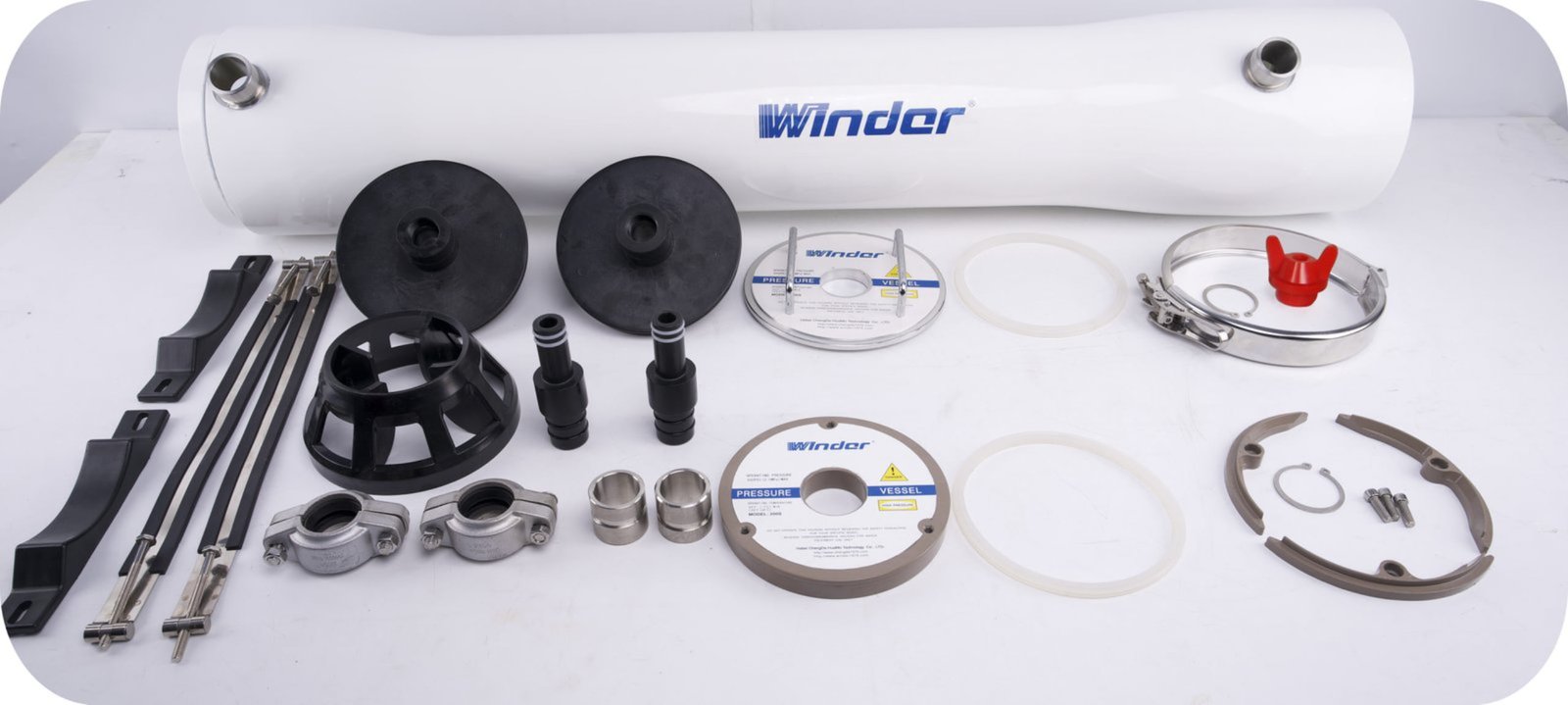 This picture professionally showcases the complete component set of the 8-inch offline cleaning dedicated membrane housing of the Winder brand, vividly demonstrating its professional, efficient, and ready-to-use offline cleaning solution. The core product is a large, white, cylindrical fiberglass reinforced plastic (FRP) membrane shell. The shell is marked with a prominent blue "Winder" brand logo and the "FK-612" model. "Offline Membrane Cleaning Dedicated" is its most crucial feature, indicating that it is not used in the main production system but as an independent cleaning station. It can receive contaminated RO membrane elements removed from the main system and perform a powerful and thorough chemical cleaning to restore the membrane performance. The highlight of the picture lies in the clear display of all necessary components in front of the membrane housing: including the black end cap, sealing ring, pipe clamp, silver metal connector and central tube. This component-based presentation powerfully demonstrates that this product is a complete, ready-to-use cleaning kit. Users do not need to search for additional components and can quickly set up a standard offline cleaning station. The pure white background and the orderly arrangement highlight the industrial-grade quality and modular design of the product. The overall message conveyed is: This Winder FK-612 offline cleaning membrane housing is a professional tool in water treatment maintenance. Through a dedicated offline cleaning process, it can achieve better cleaning results than online cleaning, thereby extending the lifespan of membrane elements, reducing system operation costs, and ensuring water quality. It is an ideal choice for operating large-scale reverse osmosis systems.