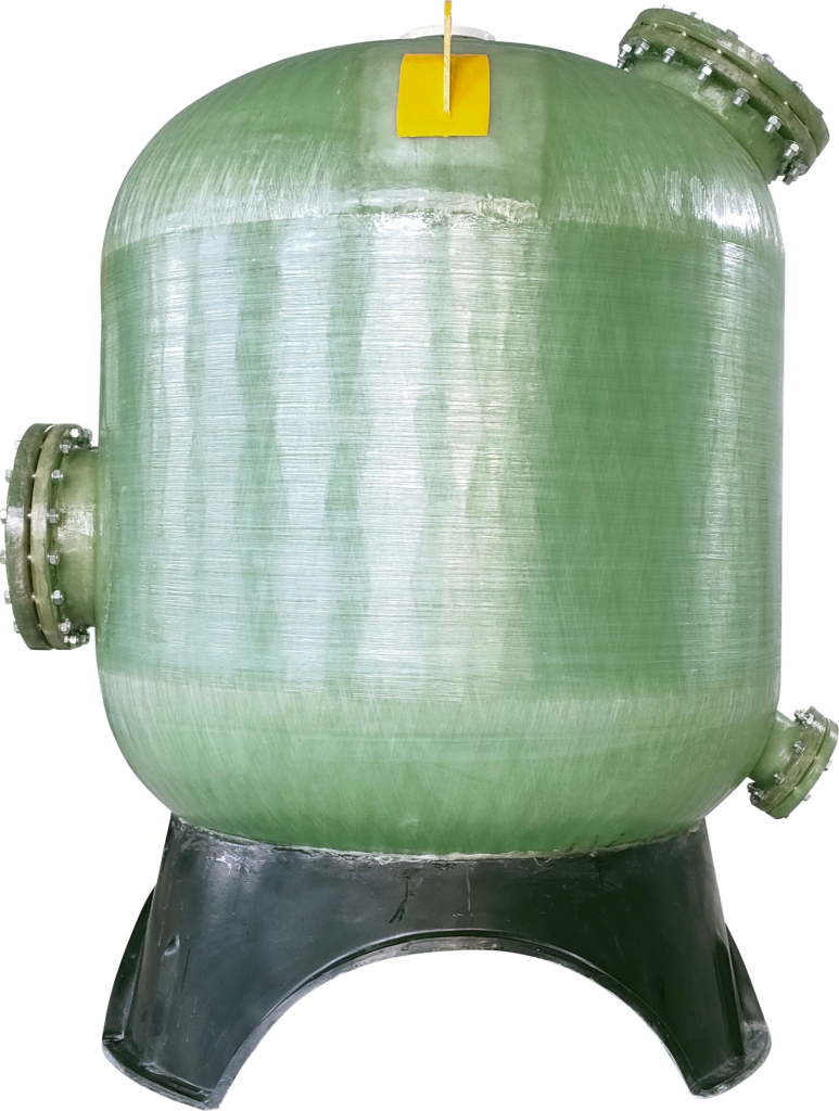 This picture clearly shows a typical product from the "FRP Special Shape Customized Pressure Tank Series". The main part of the picture is a large green cylindrical pressure tank. The tank body is made of fiberglass reinforced plastic (FRP), a material renowned for its excellent corrosion resistance and high strength. The tank body is uniformly green, and the top features a prominent yellow mark, possibly used for operation instructions or safety warnings, enhancing visual contrast and functional cues. Its "special shape" and "customization" features are mainly reflected in the multiple metal flange interfaces arranged according to the process requirements. These interfaces are located at the top, side, and bottom of the tank, providing a highly flexible and reliable interface solution for connecting pipes, instruments, or other equipment, fully meeting the specific process integration needs. The tank is securely placed on a black supporting base, ensuring the overall stability. The entire picture features a simple white background and a centered composition, professionally highlighting the product itself. The lighting is even, clearly presenting the regular cylindrical shape of the pressure tank, the delicate surface of the material, and all the details of the functional interfaces. The overall impression conveys a strong, reliable, and highly customized industrial feel. These pressure tanks are specifically designed for storage, reaction, or filtration processes in the chemical, water treatment, or food industries that require resistance to harsh media and pressure. They are key components of customized engineering solutions.