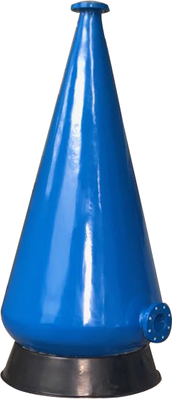 The main body of the equipment is a strikingly bright blue conical shape, made of corrosion-resistant fiberglass. Its core design is a conical structure that is narrower at the top and wider at the bottom. This shape is intended to guide the water flow to form a specific flow pattern, thereby maximizing the contact area and time between water and air, and effectively increasing the dissolved oxygen content in the water body. There is a small opening at the top of the cone, and a pipe interface is installed on the bottom side. The entire device is securely mounted on a black circular base. The picture uses a pure white background and a vertically-oriented, centered composition to professionally highlight the simple structure and function-oriented industrial design of the product. The bright yellow color not only enhances the product's recognizability but may also serve as a safety warning. This equipment is typically applied in fields such as aquaculture, wastewater treatment, and ecological restoration, and is an efficient and durable aeration or oxygen transfer enhancement device.
