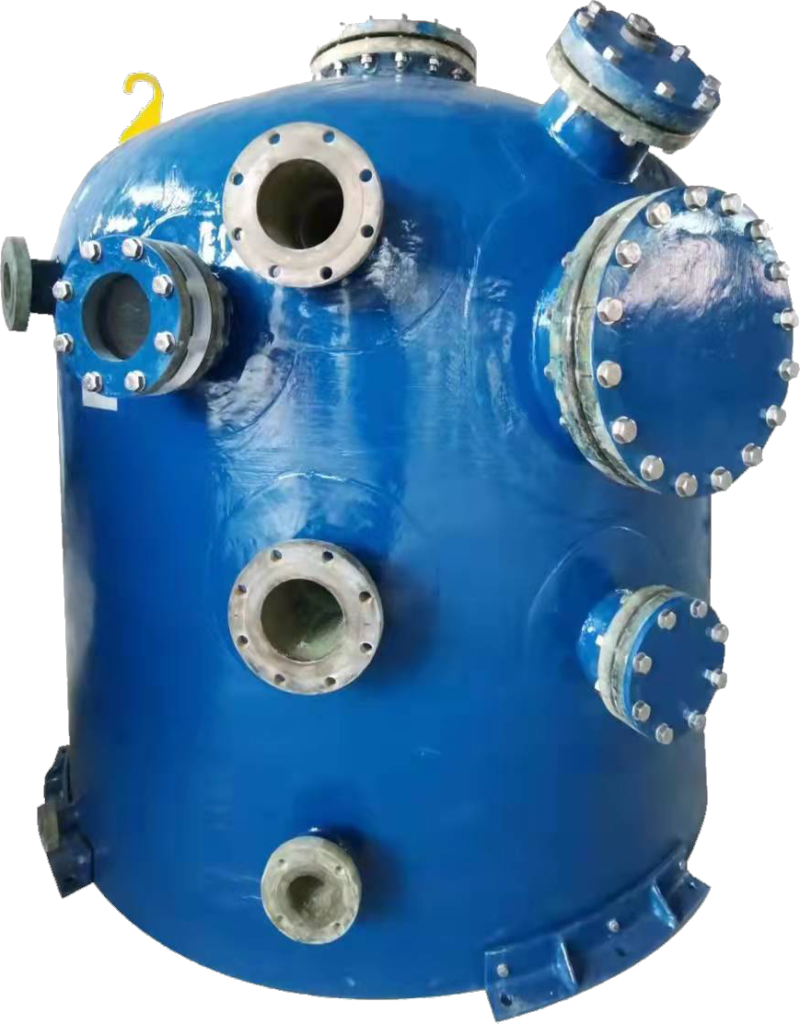 This picture clearly shows a custom FRP (fiberglass reinforced plastic) pressure tank with an irregular shape. Its design fully embodies the characteristics of non-standardized industrial customization. The tank has a full, deep blue cylindrical shape with a smooth surface, demonstrating excellent glass fiber reinforced plastic manufacturing techniques. Its core features of "unusual shape" and "customization" are prominently displayed on the tank's side, where numerous multifunctional interfaces of different specifications are densely distributed: including several flange interfaces with bolts and circular openings. This highly integrated layout is not a standard design but is instead tailored to meet the complex pipeline connections, instrument installations, or internal component access requirements in the customer's specific process. The tank is supported by sturdy black metal brackets to ensure stability. The picture is composed with a professional pure white background and a frontal level view, ensuring that the focus of the vision is entirely on the product itself. The bright blue tank body, in contrast with the white background and black stand, creates a clear and professional visual contrast, conveying an industrial texture of strength, corrosion resistance, and high customization. These pressure tanks are specifically designed for special pressure storage, reaction, or separation processes in fields such as water treatment, chemical engineering, and food. Their value lies in their ability to be perfectly integrated into complex systems and meet non-standard application scenarios.