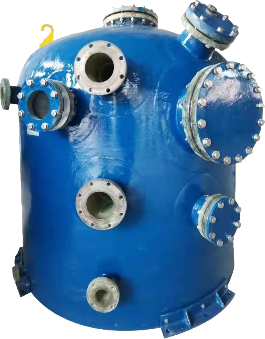 This picture clearly shows a custom FRP (fiberglass reinforced plastic) pressure tank with an irregular shape. Its design fully embodies the characteristics of non-standardized industrial customization. The tank has a full, deep blue cylindrical shape with a smooth surface, demonstrating excellent glass fiber reinforced plastic manufacturing techniques. Its core features of "unusual shape" and "customization" are prominently displayed on the tank's side, where numerous multifunctional interfaces of different specifications are densely distributed: including several flange interfaces with bolts and circular openings. This highly integrated layout is not a standard design but is instead tailored to meet the complex pipeline connections, instrument installations, or internal component access requirements in the customer's specific process. The tank is supported by sturdy black metal brackets to ensure stability. The picture is composed with a professional pure white background and a frontal level view, ensuring that the focus of the vision is entirely on the product itself. The bright blue tank body, in contrast with the white background and black stand, creates a clear and professional visual contrast, conveying an industrial texture of strength, corrosion resistance, and high customization. These pressure tanks are specifically designed for special pressure storage, reaction, or separation processes in fields such as water treatment, chemical engineering, and food. Their value lies in their ability to be perfectly integrated into complex systems and meet non-standard application scenarios.