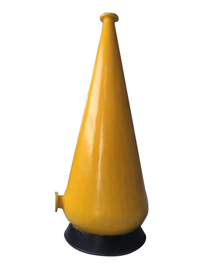 The main body of the equipment is a strikingly bright yellow conical shape, made of corrosion-resistant fiberglass. Its core design is a conical structure that is narrower at the top and wider at the bottom. This shape is intended to guide the water flow to form a specific flow pattern, thereby maximizing the contact area and time between water and air, and effectively increasing the dissolved oxygen content in the water body. There is a small opening at the top of the cone, and a pipe interface is installed on the bottom side. The entire device is securely mounted on a black circular base. The picture uses a pure white background and a vertically-oriented, centered composition to professionally highlight the simple structure and function-oriented industrial design of the product. The bright yellow color not only enhances the product's recognizability but may also serve as a safety warning. This equipment is typically applied in fields such as aquaculture, wastewater treatment, and ecological restoration, and is an efficient and durable aeration or oxygen transfer enhancement device.