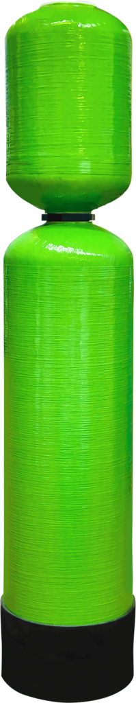 This picture showcases a typical product from the "central integration FRP composite tank series". The main body of this product is a tall vertical cylindrical storage tank, made of eye-catching bright green fiberglass-reinforced plastic (FRP) material. The surface features the distinctive fiber texture formed by the fiberglass winding process. The tank structure design is unique, featuring an upper and lower split design: the upper part is a smaller cylindrical body with a dome-shaped head, and the lower part is a larger cylindrical body with a significantly larger diameter. The two parts are tightly fixed together through a black ring-shaped flange connection piece, highlighting the modular and customizable industrial design concept. The tank is firmly placed on a black base, and the entire structure stands out against a pure white background. The composition of the picture is simple, focusing on the product itself. The watermark "LUZHAN" in the upper left corner indicates the brand. This design emphasizes its robust corrosion resistance and flexible structural adaptability, making it suitable for industrial storage and processing scenarios requiring special pressure or capacity configurations.