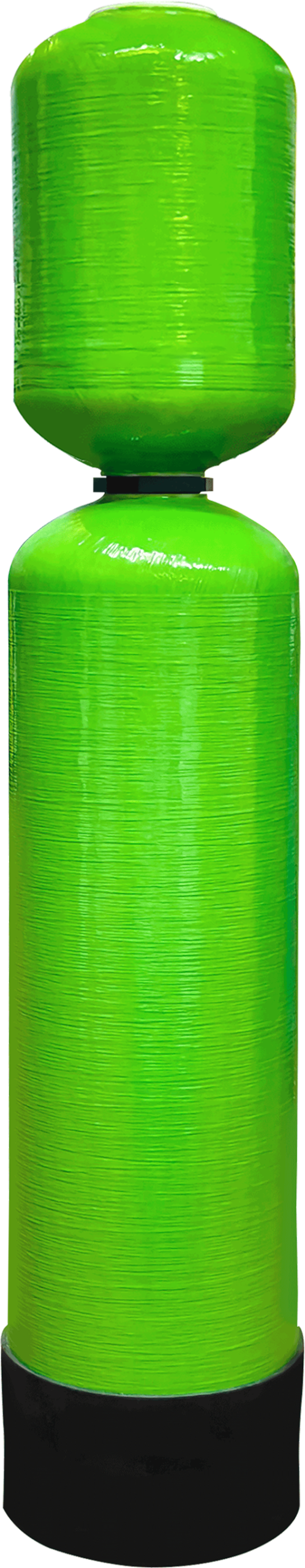 This picture showcases a typical product from the "central integration FRP composite tank series". The main body of this product is a tall vertical cylindrical storage tank, made of eye-catching bright green fiberglass-reinforced plastic (FRP) material. The surface features the distinctive fiber texture formed by the fiberglass winding process. The tank structure design is unique, featuring an upper and lower split design: the upper part is a smaller cylindrical body with a dome-shaped head, and the lower part is a larger cylindrical body with a significantly larger diameter. The two parts are tightly fixed together through a black ring-shaped flange connection piece, highlighting the modular and customizable industrial design concept. The tank is firmly placed on a black base, and the entire structure stands out against a pure white background. The composition of the picture is simple, focusing on the product itself. The watermark "LUZHAN" in the upper left corner indicates the brand. This design emphasizes its robust corrosion resistance and flexible structural adaptability, making it suitable for industrial storage and processing scenarios requiring special pressure or capacity configurations.