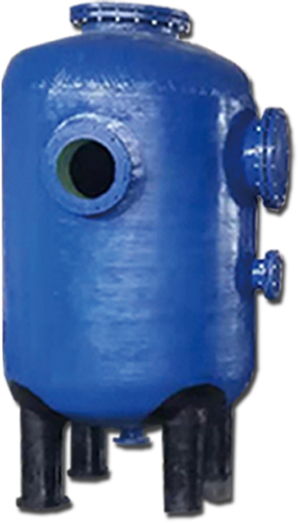 This is a professional picture showcasing a typical product from the FRP (fiberglass reinforced plastic) custom-shaped pressure tank series. The main body of the pressure tank in the picture is in a unique dark blue oval shape, which is more complex compared to the standard cylindrical design. Its "unusual" feature is mainly reflected in the multi-pipe interface structure integrated at the top: a thick flange with dense bolts is located at the center of the top, used for high-pressure sealing or installing accessories; there are several protruding pipe openings of different directions and diameters around it. This highly integrated design is to meet the customized requirements of specific process flows. Clear longitudinal fiber textures and joint seams can be seen on the surface of the tank body. These are the characteristics of the glass fiber reinforced molding process, highlighting its status as a composite material. This material endows the tank body with excellent corrosion resistance and high strength. The product is securely supported by three sturdy legs. Overall, in a pure white background and with a slightly upward-looking camera angle, it presents a strong sense of industriality, structural integrity and professional reliability. These non-standard pressure tanks are specifically designed for special pressure storage, reaction or filtration processes in industries such as water treatment, chemical engineering, and food processing. Their multi-interface integrated design is intended to optimize space and meet the complex system connection requirements.
