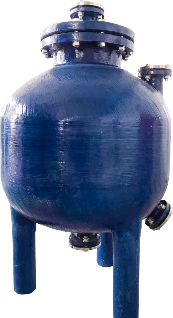 This is a professional picture showcasing a typical product from the FRP (fiberglass reinforced plastic) custom-shaped pressure tank series. The main body of the pressure tank in the picture is in a unique dark blue oval shape, which is more complex compared to the standard cylindrical design. Its "unusual" feature is mainly reflected in the multi-pipe interface structure integrated at the top: a thick flange with dense bolts is located at the center of the top, used for high-pressure sealing or installing accessories; there are several protruding pipe openings of different directions and diameters around it. This highly integrated design is to meet the customized requirements of specific process flows. Clear longitudinal fiber textures and joint seams can be seen on the surface of the tank body. These are the characteristics of the glass fiber reinforced molding process, highlighting its status as a composite material. This material endows the tank body with excellent corrosion resistance and high strength. The product is securely supported by three sturdy legs. Overall, in a pure white background and with a slightly upward-looking camera angle, it presents a strong sense of industriality, structural integrity, and professional reliability. These non-standard pressure tanks are specifically designed for special pressure storage, reaction or filtration processes in industries such as water treatment, chemical engineering, and food processing. Their multi-interface integrated design is intended to optimize space and meet the complex system connection requirements.