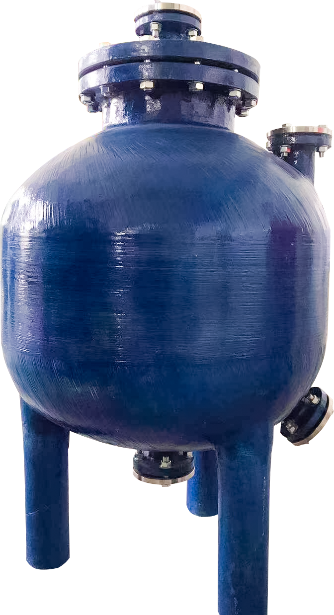 This is a professional picture showcasing a typical product from the FRP (fiberglass reinforced plastic) custom-shaped pressure tank series. The main body of the pressure tank in the picture is in a unique dark blue oval shape, which is more complex compared to the standard cylindrical design. Its "unusual" feature is mainly reflected in the multi-pipe interface structure integrated at the top: a thick flange with dense bolts is located at the center of the top, used for high-pressure sealing or installing accessories; there are several protruding pipe openings of different directions and diameters around it. This highly integrated design is to meet the customized requirements of specific process flows. Clear longitudinal fiber textures and joint seams can be seen on the surface of the tank body. These are the characteristics of the glass fiber reinforced molding process, highlighting its status as a composite material. This material endows the tank body with excellent corrosion resistance and high strength. The product is securely supported by three sturdy legs. Overall, in a pure white background and with a slightly upward-looking camera angle, it presents a strong sense of industriality, structural integrity, and professional reliability. These non-standard pressure tanks are specifically designed for special pressure storage, reaction or filtration processes in industries such as water treatment, chemical engineering, and food processing. Their multi-interface integrated design is intended to optimize space and meet the complex system connection requirements.