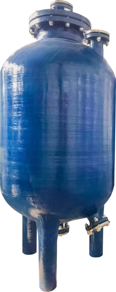 This picture showcases a representative product from the FRP custom-shaped pressure tank series. Its design is based on the standard industrial structure, and the customization of interfaces and materials embodies the core concept of "special shape". The main body of the picture is a bright blue vertical FRP (fiberglass reinforced plastic) pressure tank. It features a classic cylindrical shell combined with hemispherical/elliptical end caps at the top and bottom. The shape is regular and stable. The tank is firmly supported by three sturdy legs at the bottom. The "special" and "customized" aspects mainly lie in the multiple flange interfaces and valves distributed on the top and upper side of the tank. The size, position, and quantity of these interfaces can be non-standardly designed according to the requirements of the process flow to adapt to complex pipeline connections. The surface of the tank has a lustrous appearance and fine layering texture, clearly demonstrating the characteristics of the composite material formed by glass fiber winding. The picture uses a pure white background and a compact centered composition, making this large container the sole visual focus, highlighting its complete structure, bright color, and abundant interfaces. This product is specifically designed for the chemical, water treatment, or food industries where there is a need for corrosion resistance and high-pressure tolerance in liquid storage, reaction, or mixing processes. The bright blue appearance may also be used for specific pipeline or functional area identification, reflecting the combination of high functionality and customization.
