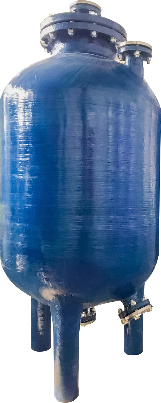 This picture showcases a representative product from the FRP custom-shaped pressure tank series. Its design is based on the standard industrial structure, and the customization of interfaces and materials embodies the core concept of "special shape". The main body of the picture is a bright blue vertical FRP (fiberglass reinforced plastic) pressure tank. It features a classic cylindrical shell combined with hemispherical/elliptical end caps at the top and bottom. The shape is regular and stable. The tank is firmly supported by three sturdy legs at the bottom. The "special" and "customized" aspects mainly lie in the multiple flange interfaces and valves distributed on the top and upper side of the tank. The size, position, and quantity of these interfaces can be non-standardly designed according to the requirements of the process flow to adapt to complex pipeline connections. The surface of the tank has a lustrous appearance and fine layering texture, clearly demonstrating the characteristics of the composite material formed by glass fiber winding. The picture uses a pure white background and a compact centered composition, making this large container the sole visual focus, highlighting its complete structure, bright color, and abundant interfaces. This product is specifically designed for the chemical, water treatment, or food industries where there is a need for corrosion resistance and high-pressure tolerance in liquid storage, reaction, or mixing processes. The bright blue appearance may also be used for specific pipeline or functional area identification, reflecting the combination of high functionality and customization.