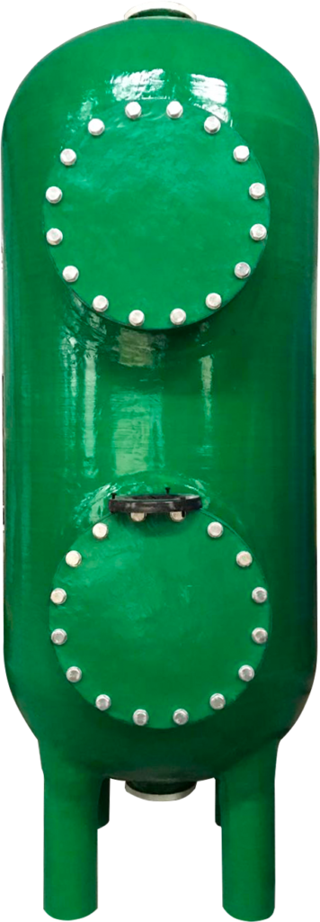 This picture showcases a custom-shaped green fiberglass reinforced plastic (FRP) pressure tank. Its design is highly distinctive, embodying the industrial aesthetics of non-standard customization. The tank body is overall in an elegant green color, with a smooth and shiny surface. Its "unique shape" is mainly reflected in the non-standard overall design: at both ends of the tank, there are circular head covers of different diameters, which are tightly fixed by silver rivets, forming a distinctive outline. This design is usually to meet specific requirements such as volume, pressure, or installation of internal components. A black component (possibly an interface, sight glass, or sensor mounting base) can be seen in the lower middle part of the tank, further highlighting its functional customization. The bottom is supported by three sturdy cylindrical feet to ensure overall stability. Against a plain and transparent background, the product is prominently displayed. The strong colors contrast with the details of the metal rivets, creating an overall visual impression of unique structure, solid craftsmanship, and custom-made design. These specially-shaped pressure tanks are specifically designed for high-standard scenarios in water treatment, chemical industries, or special process flows where there are specific space limitations or fluid dynamics requirements. They are a typical example of the combination of functionality and customized form.