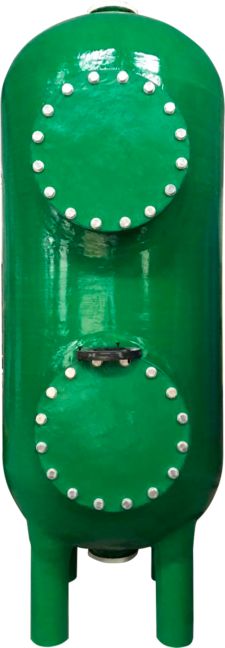 This picture showcases a custom-shaped green fiberglass reinforced plastic (FRP) pressure tank. Its design is highly distinctive, embodying the industrial aesthetics of non-standard customization. The tank body is overall in an elegant green color, with a smooth and shiny surface. Its "unique shape" is mainly reflected in the non-standard overall design: at both ends of the tank, there are circular head covers of different diameters, which are tightly fixed by silver rivets, forming a distinctive outline. This design is usually to meet specific requirements such as volume, pressure, or installation of internal components. A black component (possibly an interface, sight glass, or sensor mounting base) can be seen in the lower middle part of the tank, further highlighting its functional customization. The bottom is supported by three sturdy cylindrical feet to ensure overall stability. Against a plain and transparent background, the product is prominently displayed. The strong colors contrast with the details of the metal rivets, creating an overall visual impression of unique structure, solid craftsmanship, and custom-made design. These specially-shaped pressure tanks are specifically designed for high-standard scenarios in water treatment, chemical industries, or special process flows where there are specific space limitations or fluid dynamics requirements. They are a typical example of the combination of functionality and customized form.