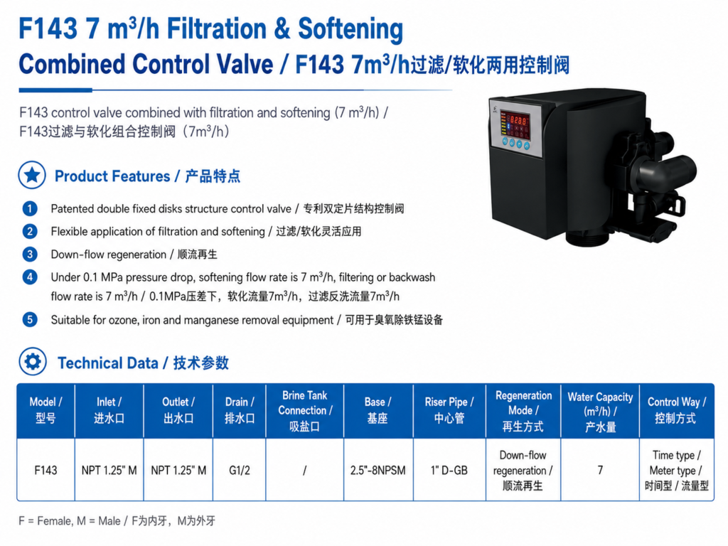 F143 control valve combined with filtration and softening(7m³/h Introduction