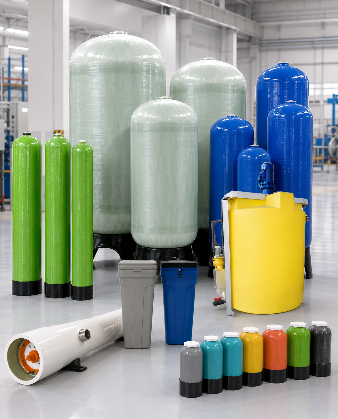 Hedelong water treatment product lineup -- FRP pressure vessels, RO membrane housings and filtration systems