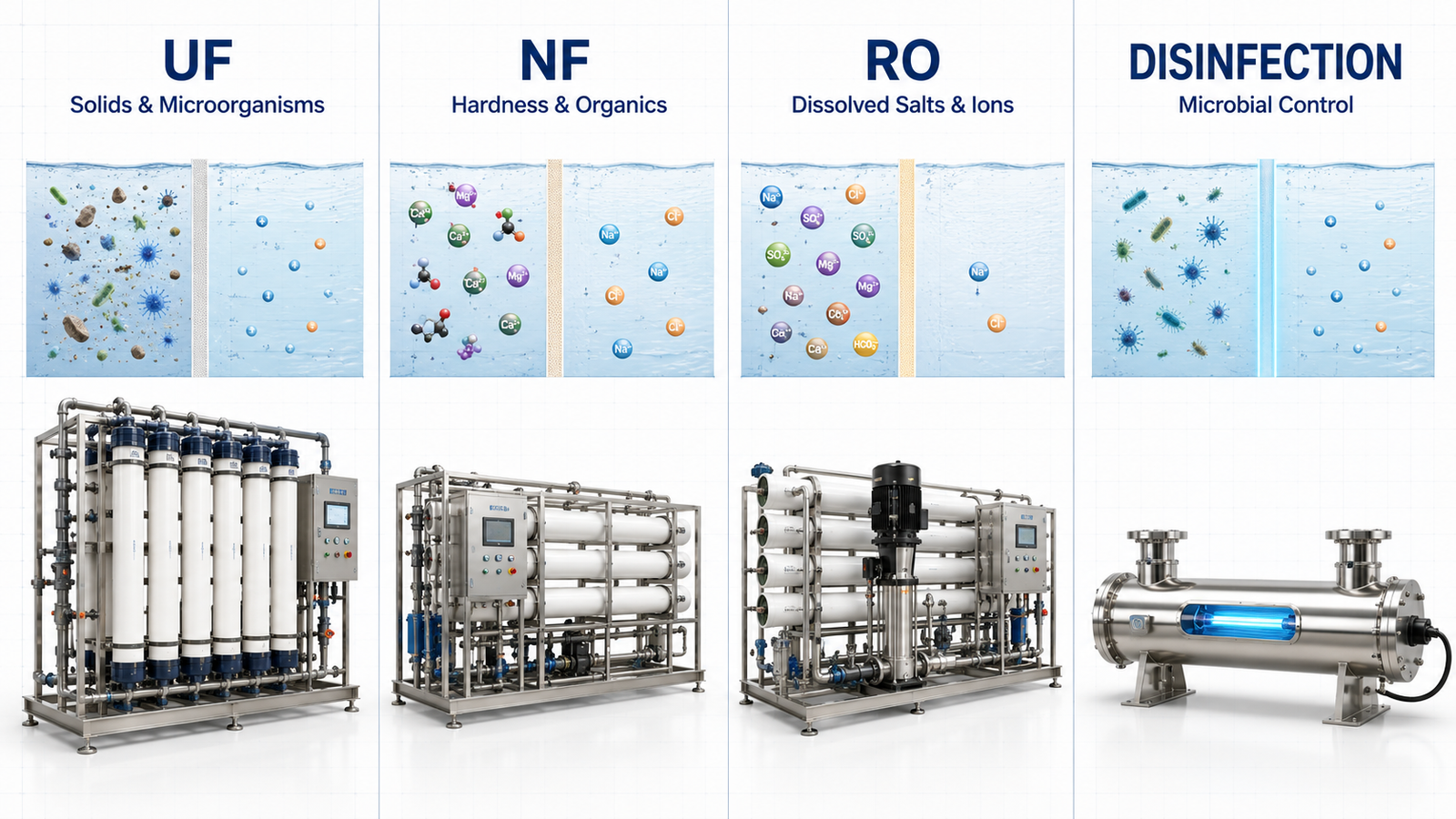 water treatment plants comparison of UF NF RO and disinfection