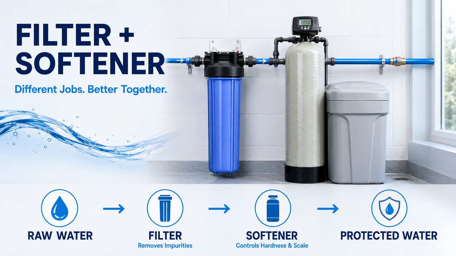 water softener and water filter installed together for home and commercial water treatment