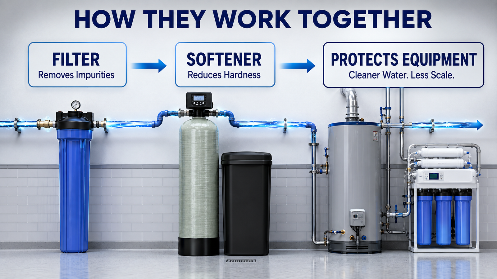 water softener and water filter working together in a treatment system