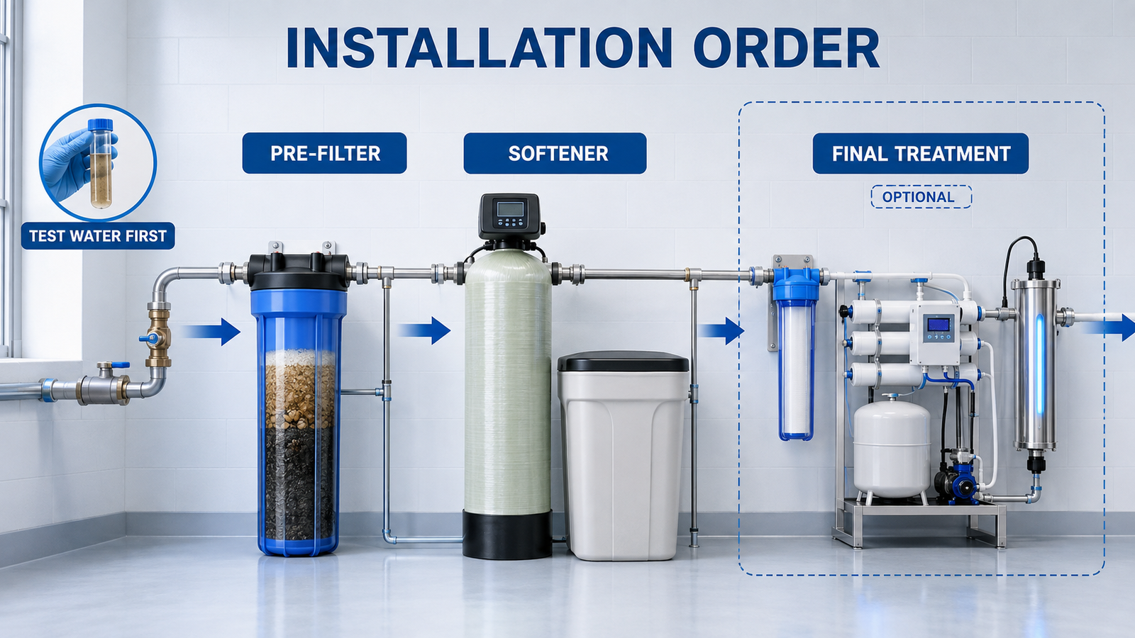 water softener and water filter installation order with pre-filtration