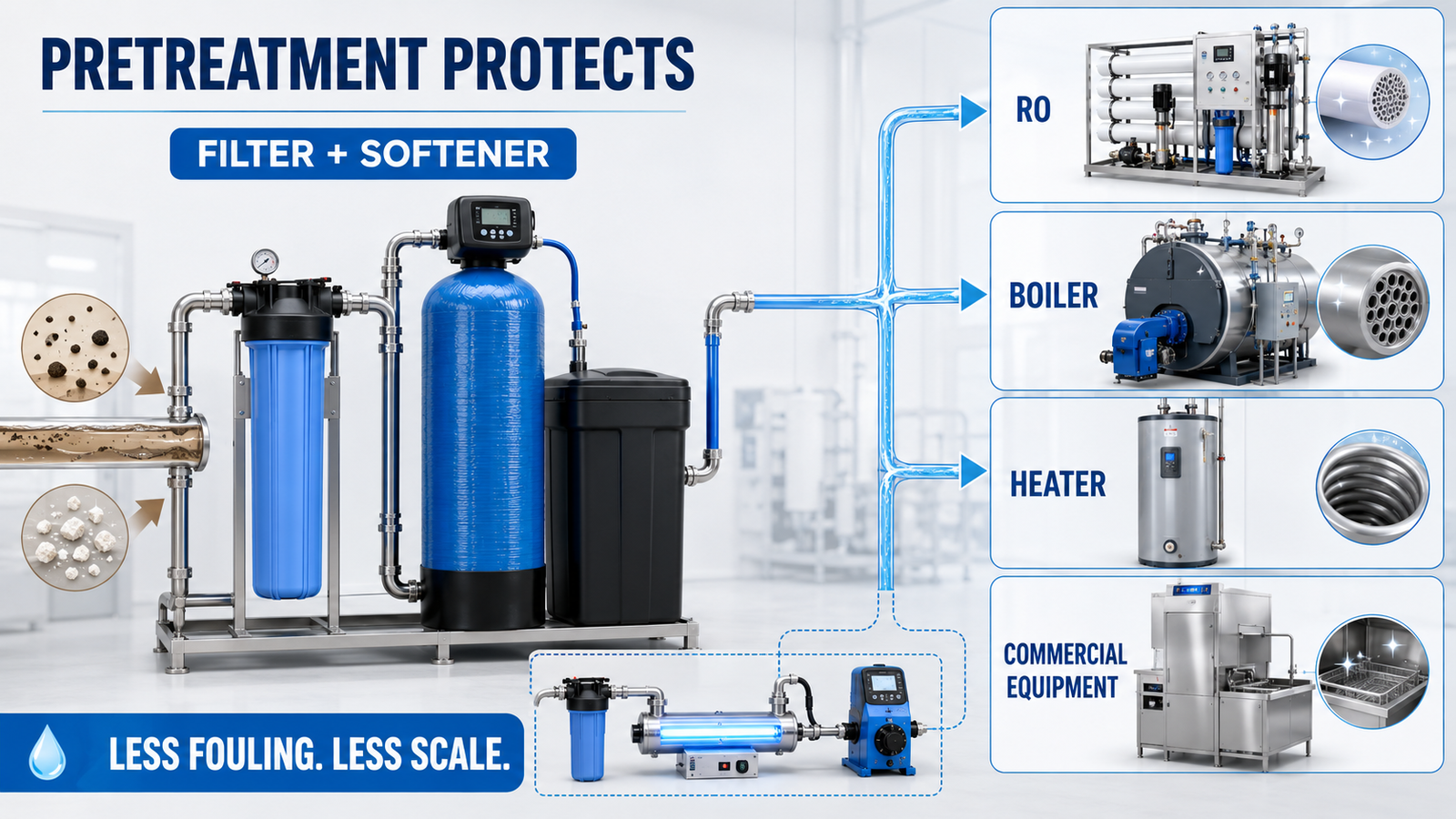 water softener and water filter pretreatment for RO boilers and commercial equipment