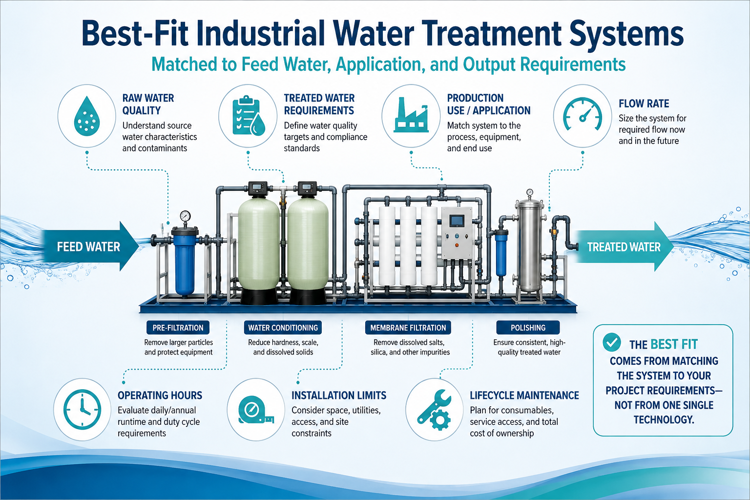 industrial water treatment systems matched to feed water quality and application