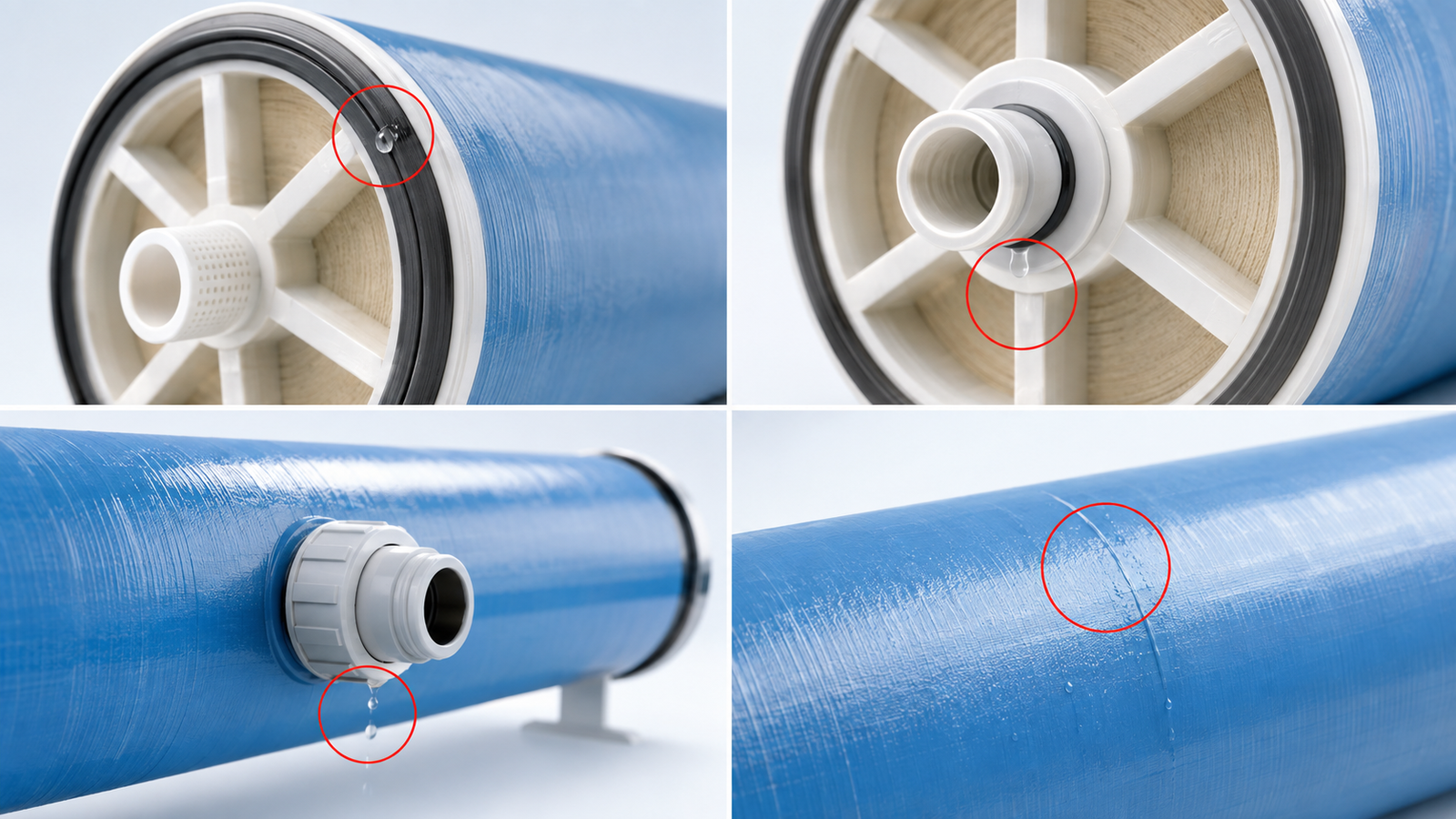 common leak locations on an FRP RO membrane housing