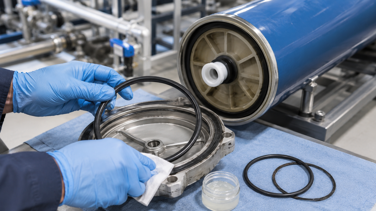 technician inspecting the O ring and sealing groove