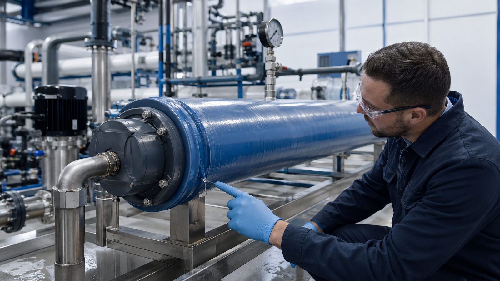 leaking RO membrane housing in an industrial water treatment system