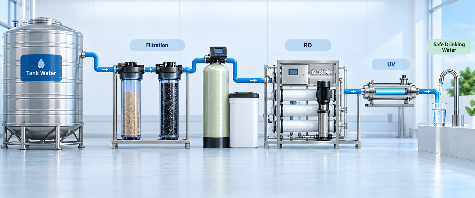 filter tank water system for safe drinking applications