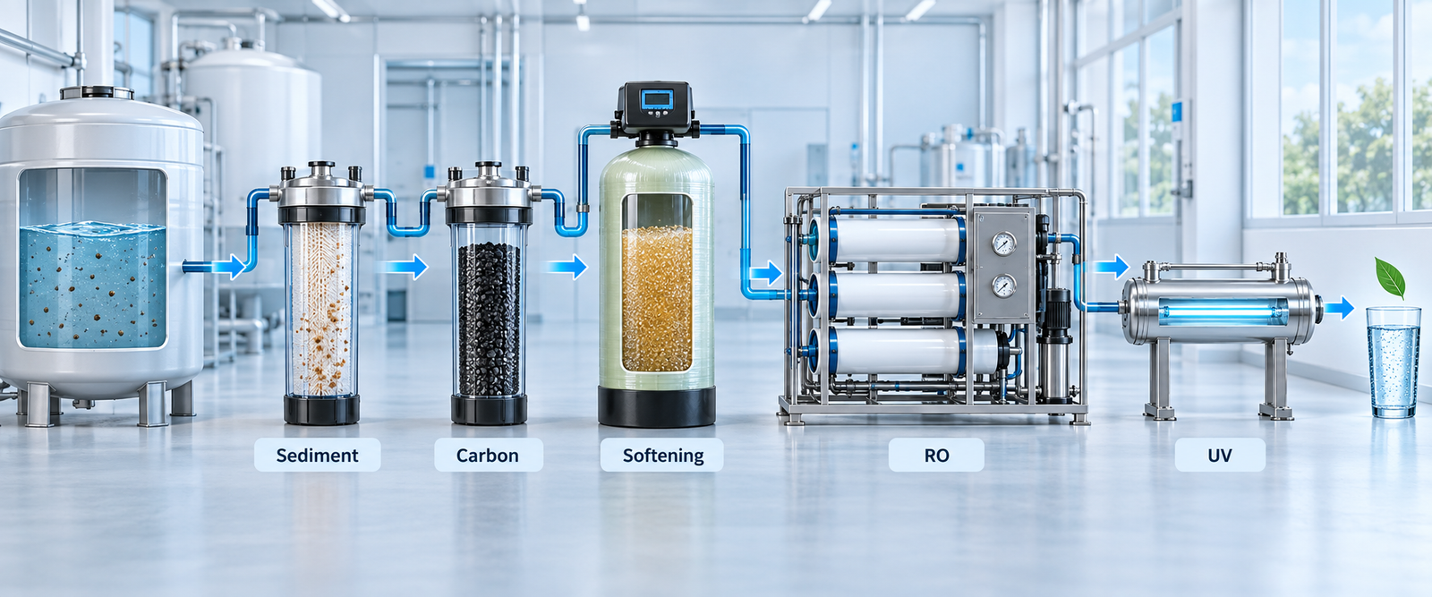 filter tank water treatment stages sediment carbon softening RO UV