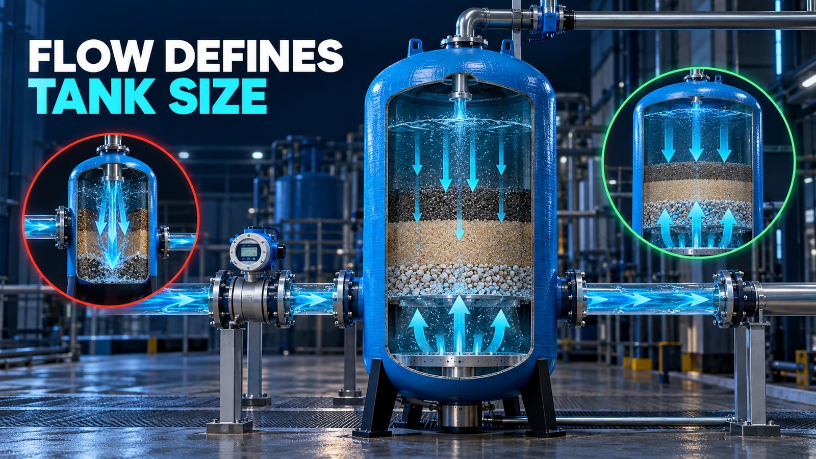 FRP tank size based on flow rate and backwash