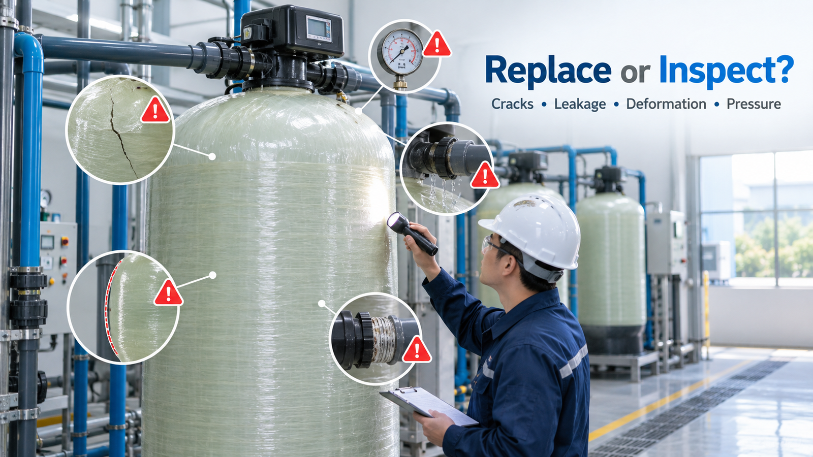FRP water treatment tank inspection and replacement signs